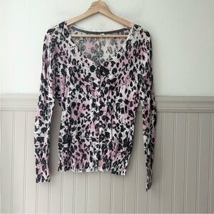 Y2K Guess XL Pink and Black Leopard Print Button Up Lightweight Cardigan